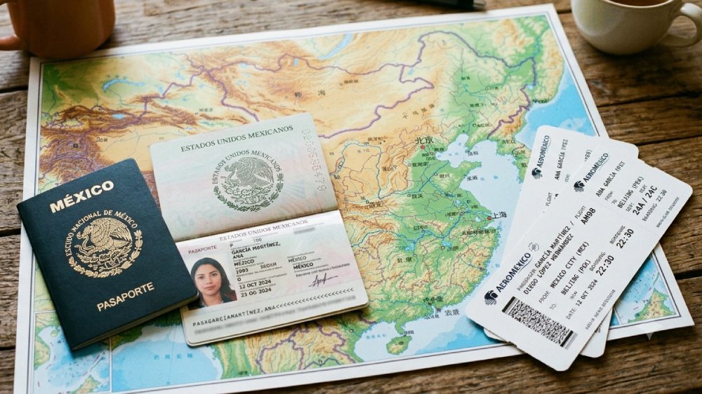 Mapa de China sobre una mesa. Encima del mapa hay dos pasaportes mexicanos y del otro lado dos boletos de avión
